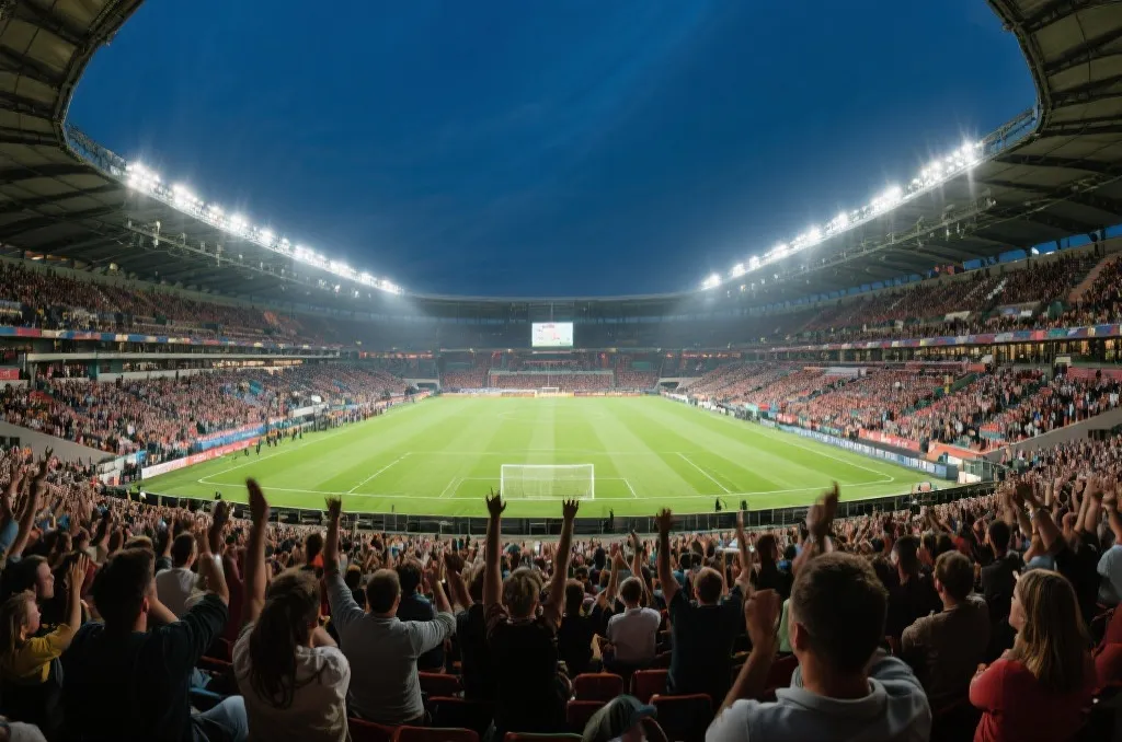 A wide shot of a majestic sports stadium filled with generic cheering crowds under bright lights